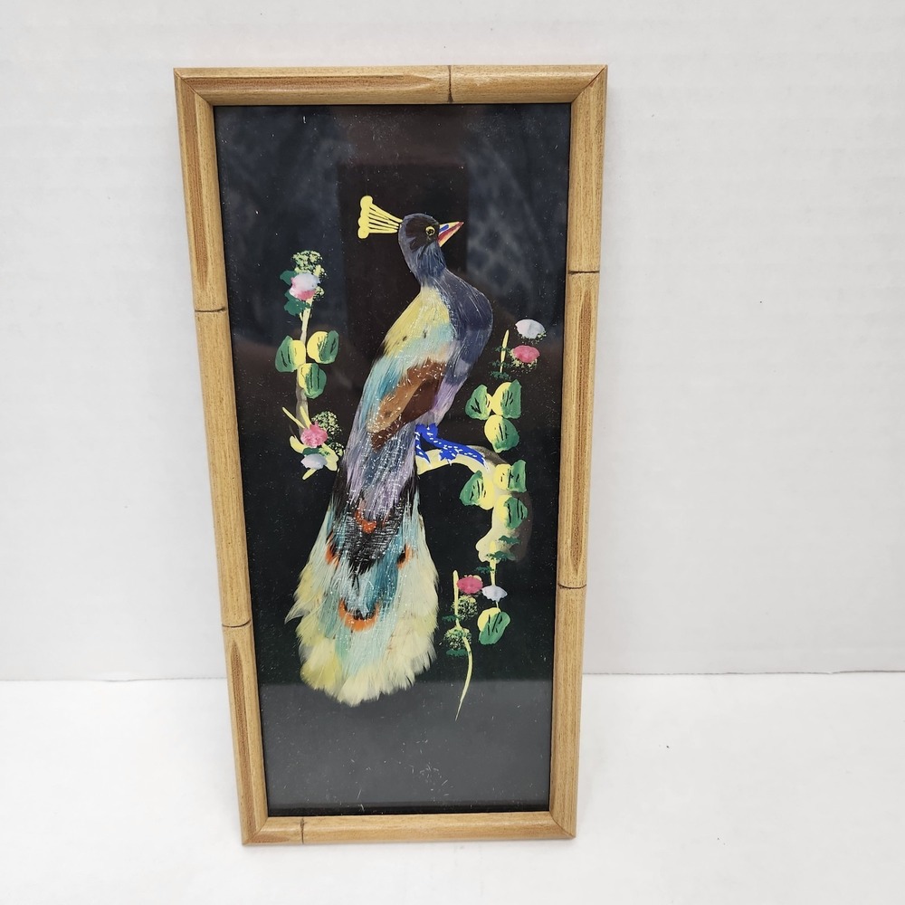 Vintage MCM Mexico Feather Craft Hand Painted Folk Art Bird Picture Wood Frame